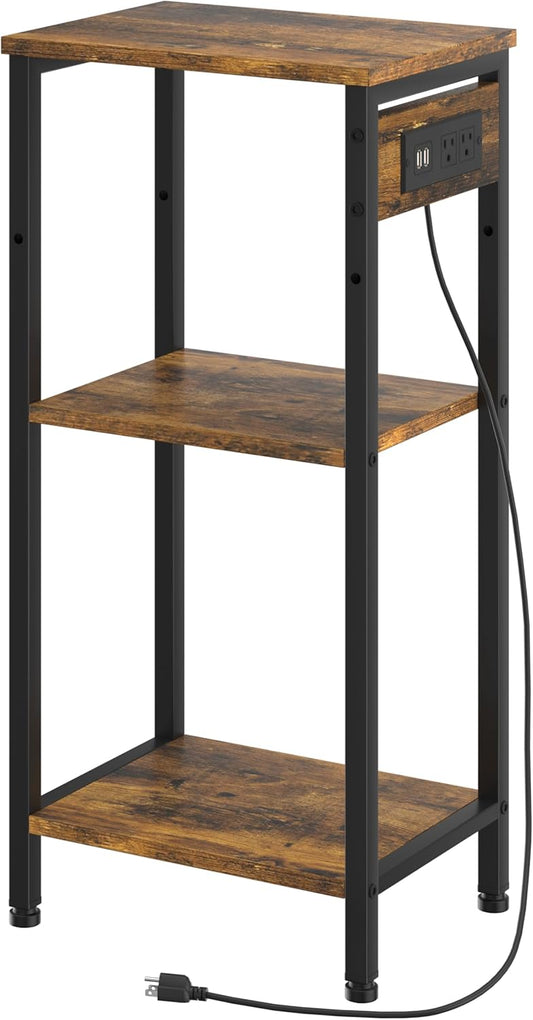 Asgolion Tall End Table with Charging Station, 3 Tier Narrow Tall Nightstand with Storage, Slim Side Table with USB Ports and Outlets for Bedroom, Living Room, Office, Rustic Brown and Black