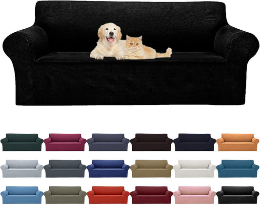 2025 New Stretch Oversized Sofa Slipcovers Couch Sofa Cover for 4 Seater Furniture Protector Covers with Elastic Bottom Jacquard Fabric Small Checks for Pets, Kids - Black