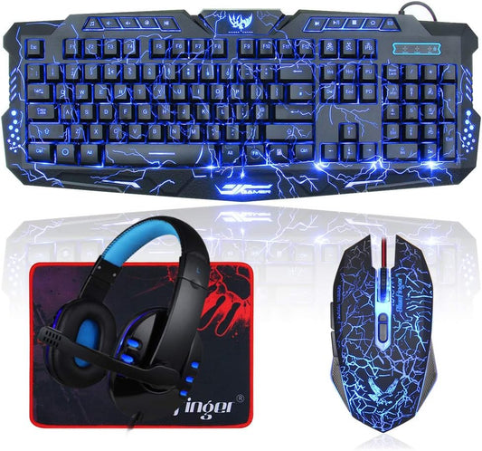 BlueFinger Backlit Gaming Keyboard and Mouse and LED Headset Combo,USB Wired 3 Color Crack Backlit Keyboard,Blue LED Light Gaming Headset,Gaming Keyboard Mouse Headphone Set for Work and Game