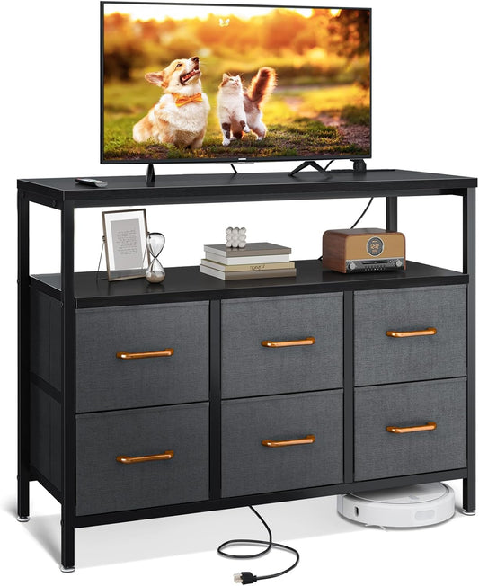 AODK Dresser with Charging Station, 40-Inch Long Dresser for Bedroom with 6 Large Fabric Drawers, Dresser TV Stand with Open Shelves for 50 Inch TV, Black