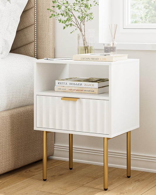 Aienvey Nightstand,Modern Bedside Table with Gold Frame,White Night Stand,Bedside Furniture, Modern Side Table with Drawer and Shelf for Bedroom,Living Room (White)