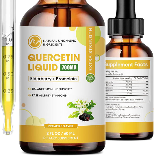 (2 Pack) Quercetin Liquid Drops - Quercetin Supplements 700mg - 4X Stronger Than Pills & Capsules - 5 in 1 Quercetin with Bromelain Elderberry Vitamin for Immunity Respiratory Wellness- 2 Fl Oz*2