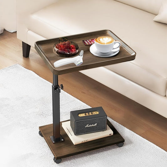 C Table End Table Adjustable Height, 360°Swivel TV Tray Table for Small Spaces, Couch Tables That Slide Under, C Shaped Side Tables with Wheels for Living Room and Bedroom, Bed