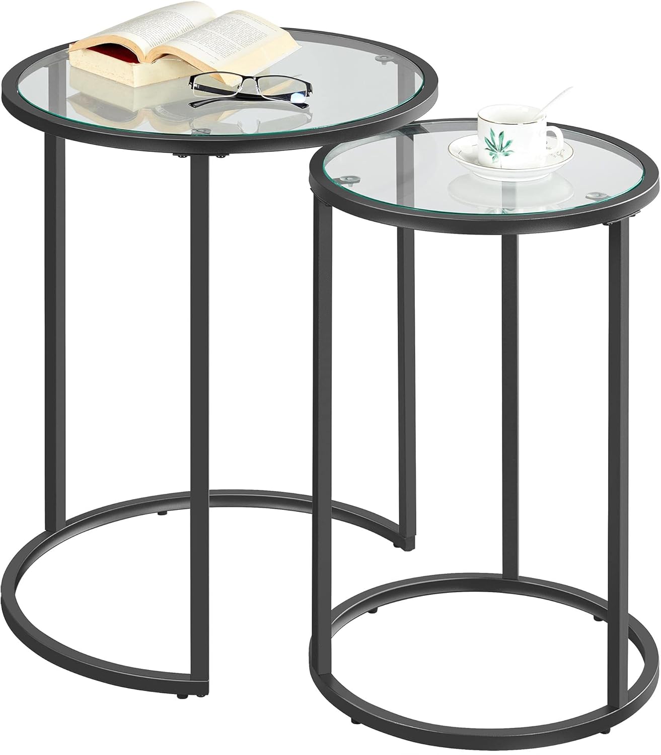 Yaheetech Round Nesting End Table Set of 2,Stacking Side Tables,Coffee Tables Set w\/Metal Frame & Glass Top & Protective Foot Pads for Small Space, Living Room, Office- Black