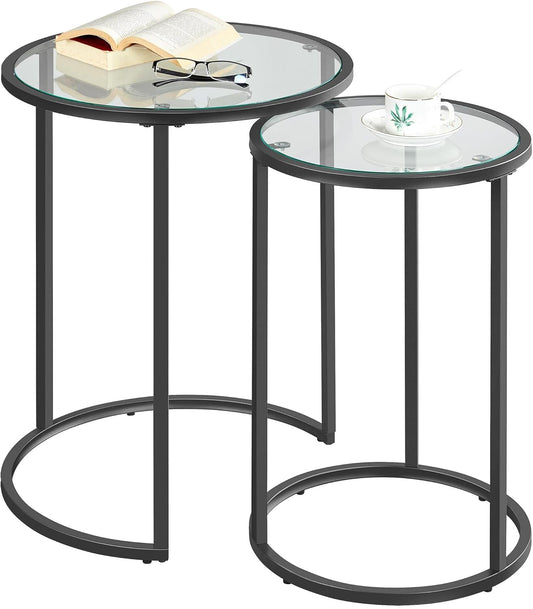 Yaheetech Round Nesting End Table Set of 2,Stacking Side Tables,Coffee Tables Set w\/Metal Frame & Glass Top & Protective Foot Pads for Small Space, Living Room, Office- Black