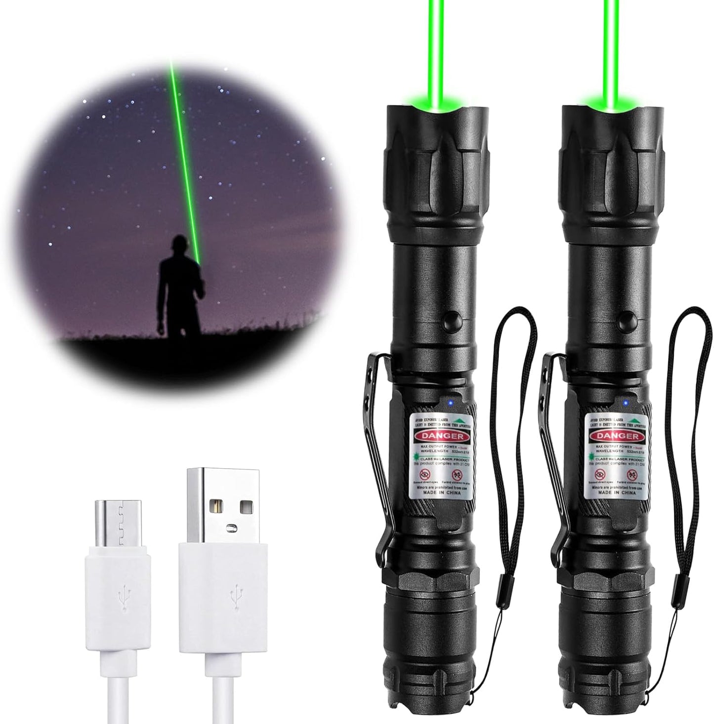 [2 Packs] Rechargeable Professional Green Beam Flashlight Long Distance Range for TV/LED/LCD Screens Tactical Flashlights Presentation Office/Outdoors/Astronomic/Construction [002]