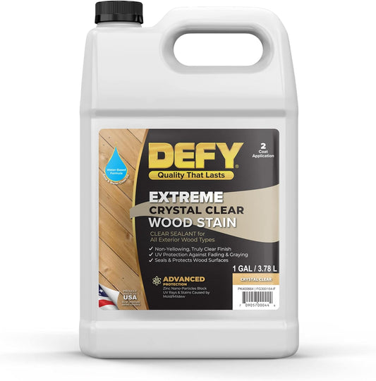 DEFY Extreme Crystal Clear Outdoor Wood Stain and Sealer in One \u2013 Clear Waterproof Sealant for Wood Decks, Fences, & Siding, 1 Gal, Made in USA