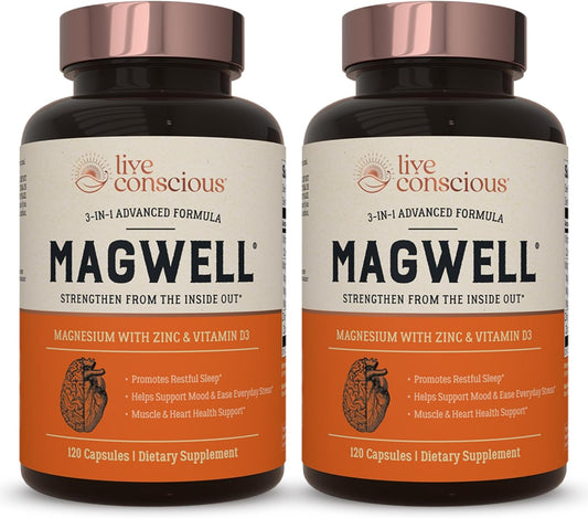 Live Conscious Magnesium Zinc & Vitamin D3 - Bioavailable Forms of Magnesium - Malate, Glycinate, Citrate - MagWell Bone & Heart Health, Immune System Support - 120 Capsules (2-Pack)