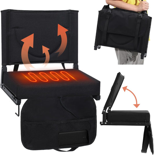 KROFEM Heated Stadium Seat with Cushion and Backrest, Portable and Lightweight, Ideal for Camping, Beach, Cookout, Sporting Events, Shoulder Strap, Folds to Compact Size, Extra Wide