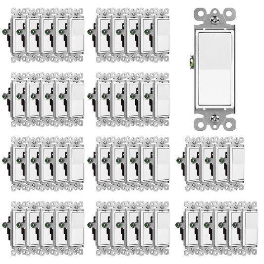 (50 Pack) CML Decorator Wall Light Switch, Single Pole Switch, 15A 120\/277V, 3-Year Warranty, White
