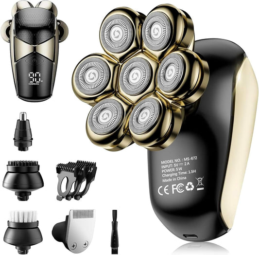 Detachable Head Shavers, SHPAVVER 5 in 1 Electric Razor IPX7 Waterproof for Bald Men, Wet Dry LED Display Rechargeable 7D Rotary Shaver Grooming Kit with Type C Charge A，Gold
