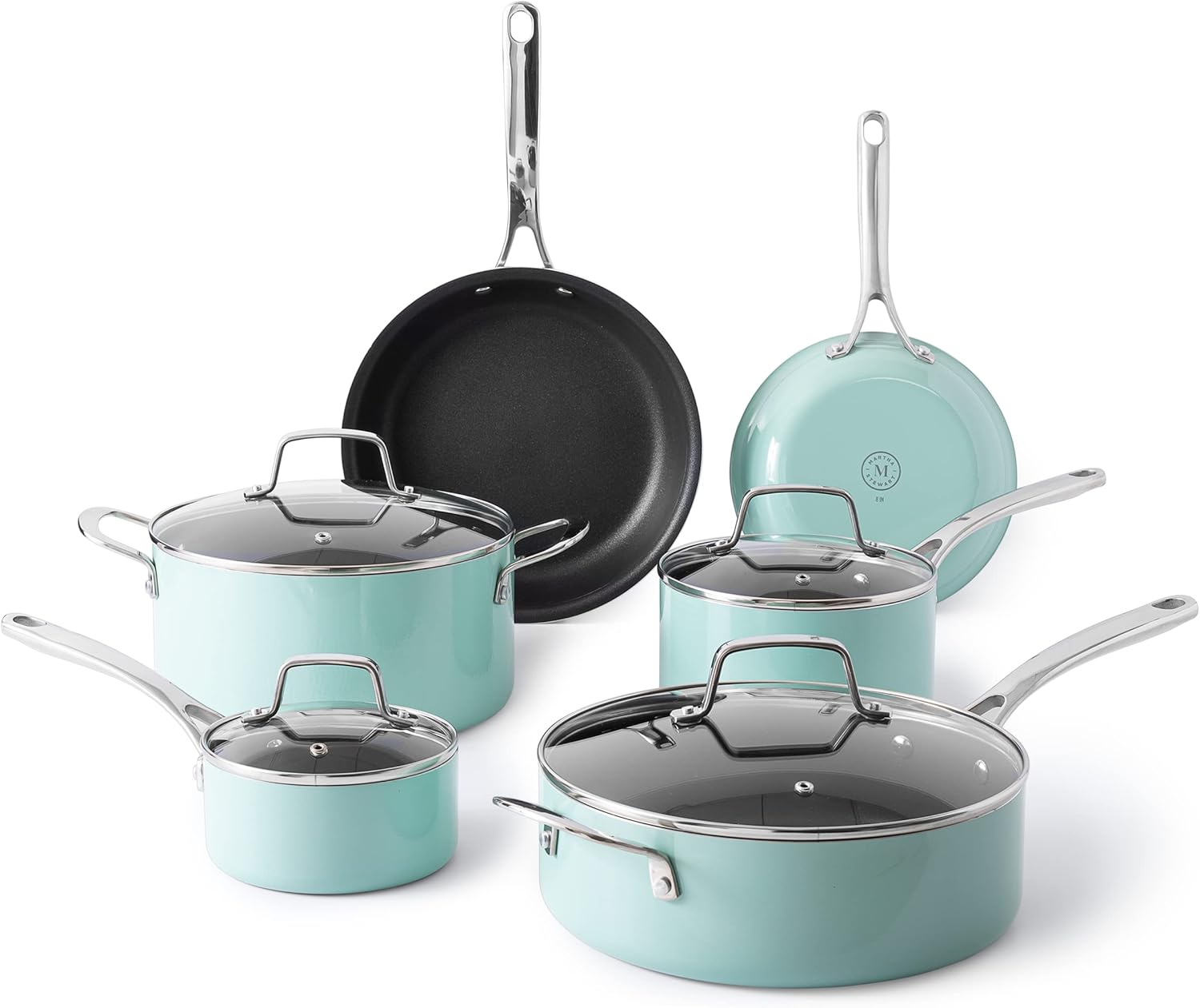 Martha Stewart Lockton Premium Nonstick 10 Piece Enamel Heavy Gauge Aluminum Pots and Pans Cookware Set - Martha Blue