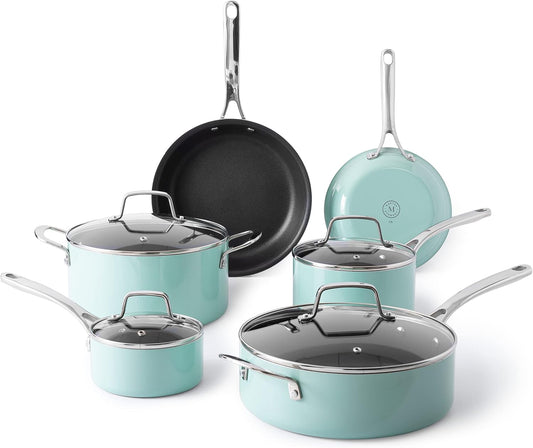 Martha Stewart Lockton Premium Nonstick 10 Piece Enamel Heavy Gauge Aluminum Pots and Pans Cookware Set - Martha Blue