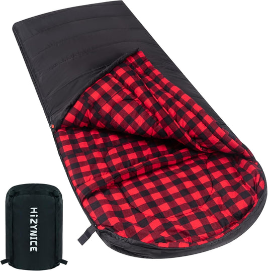 HiZYNICE 0 Degree Sleeping Bag 100% Cotton Flannel XXL for Adults Big and Tall Cold Weather Winter Zero Degree Camping,Free Compression Sack