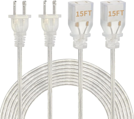 Zlierop 2 Pack 15 Ft Clear Extension Cord, UL-Certified Appliance Extension Cord, 2 Prong Extension Cord, Male to Female Extension Cords 250V 10A, Indoor Extension Cord for Lighting, Appliance