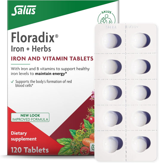 Floradix Iron Tablets - Iron Supplement with Folic Acid, Vitamin C & More - Energy Support - Vegetarian, Gluten-Free - 120 Tablets