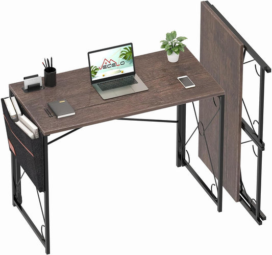 VECELO Folding Desk with Storage Bag 39 Inch Writing Desk Home Office Sturdy Steel Laptop Table for Home Office Work Rustic Gray