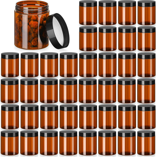 Tanlade 40 Pcs Amber Plastic Jars with Lids Round Cosmetic Containers Amber Jars Refillable Containers for Powder Liquid Food Storage Kitchen Cosmetic Lotion Ointments Creams Essential Oil (8 oz)