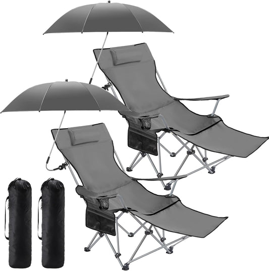 2 Set Reclining Camping Chair with Umbrella, Camping Chair with Foot Rest, Adjustable Chair Umbrella with Clamp, SPF 50+, Folding Mesh Camping Lounger Chair for Outdoor(Grey,Oxford)