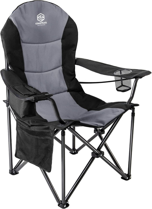 Coastrail Outdoor Camping Chair Oversized Padded Folding Quad Arm Chairs with Lumbar Back Support, Cooler Bag, Cup Holder & Side Pocket, Extra Head Pocket, Supports 400 lbs,Black