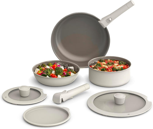 bella 8 Piece Cookware Set, Fits-anywhere™ Kitchenware w EverGood™ Ceramic Nonstick Coating\u200B, Removable Handles, Dishwasher & Oven Safe, All Stovetops Compatible, Glass Lids w Silicone Rims, Oatmilk