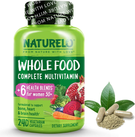 NATURELO Whole Food Multivitamin for Women 50+ (Iron Free) with Vitamins, Minerals, & Organic Extracts - Supplement for Post Menopausal Women Over 50 - No GMO - 240 Vegan Capsules