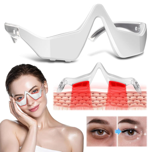Under Eye Light Therapy Massager Glasses, 2 Modes Light Therapy for Eyes, with Eye Massage for Relieve Eye Fatigue, Eye Bags, Dark Circles (White)