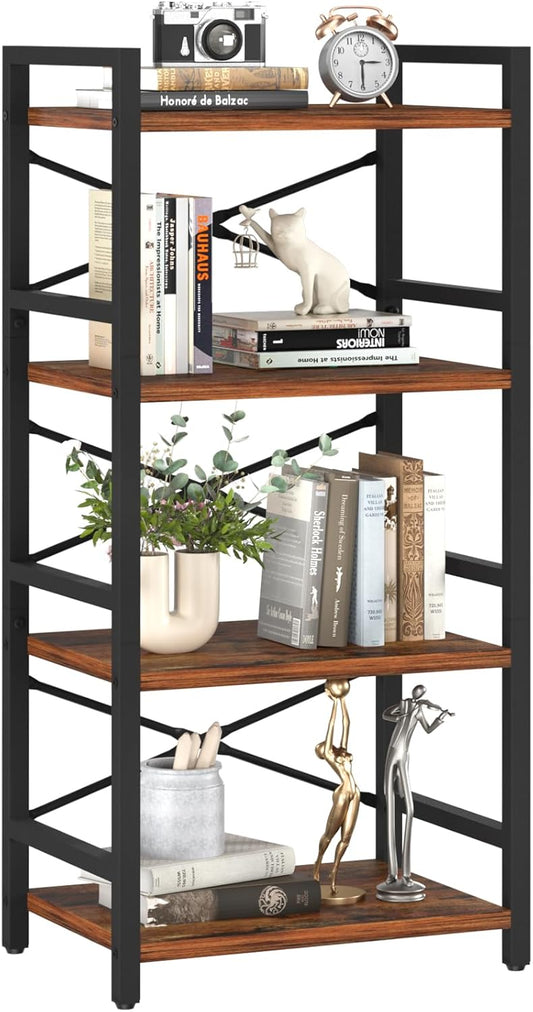 Yoobure 4 Tier Bookshelf - Small Book Shelf Industrial Bookcase, Narrow Book Case Book Storage Organizer for CD\/Movie\/Book, Bookshelves for Bedroom Office Living Room Berry Brown
