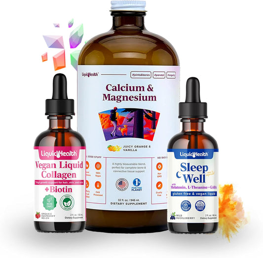 LIQUIDHEALTH Vegan Beauty Sleep Liquid Vitamin Supplement Bundle with Vegan Liquid Collagen + Biotin, Calcium Magnesium Liquid Vitamins, Sleep Well Melatonin Drops - Hair/Skin/Nail Health & Relaxation