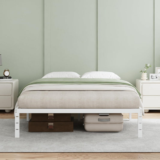 Novilla 14 Inch Full Size Bed Frame, Full Bed Frame with Storage Space Under Bed, White Metal Platform Bed Frame, No Box Spring Needed, Strong Wood Slats Support, Easy Assembly