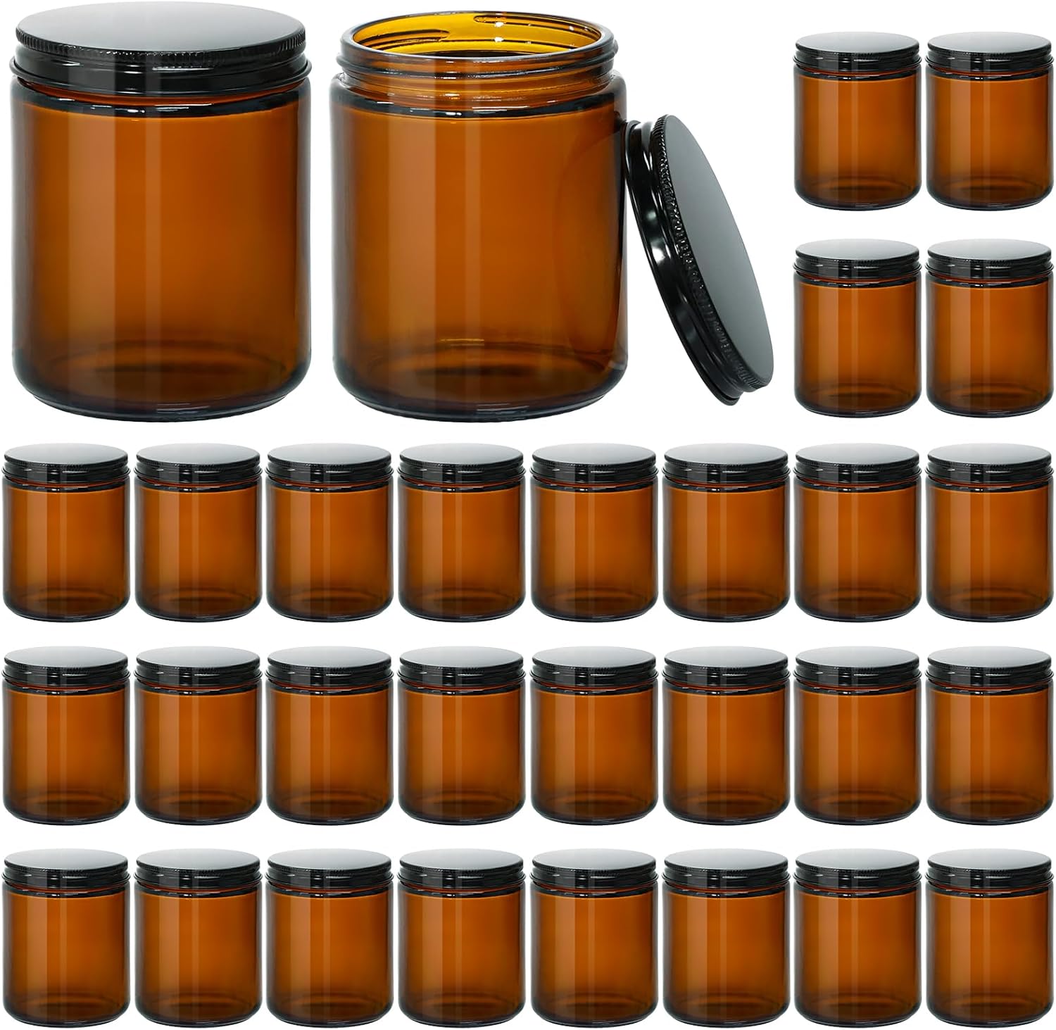 KEYWING 8 oz Candle Jars with Lids, 30 Packs Amber Glass Jars with Black Metal Lids, Round Candle Containers, Empty Jar for Making Candles, Powder, Liquid, Cream