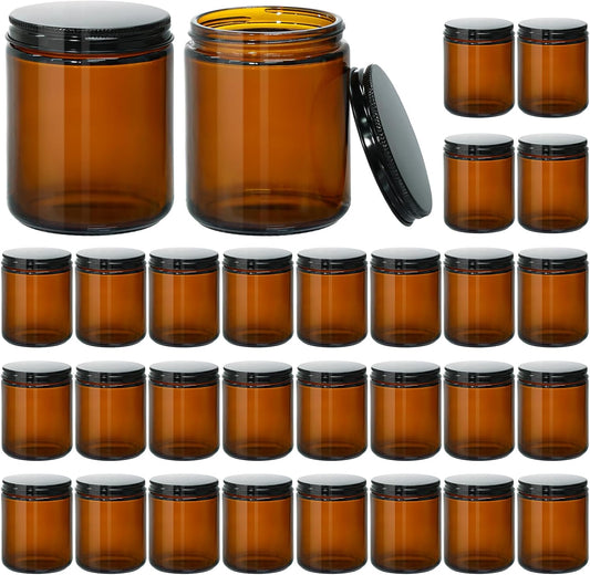 KEYWING 8 oz Candle Jars with Lids, 30 Packs Amber Glass Jars with Black Metal Lids, Round Candle Containers, Empty Jar for Making Candles, Powder, Liquid, Cream