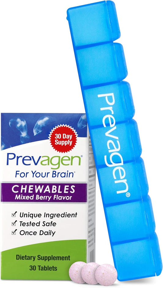 Prevagen Regular Strength 10mg, 30 Chewables |Mixed Berry| with Apoaequorin & Vitamin D and 7-Day Pill Minder