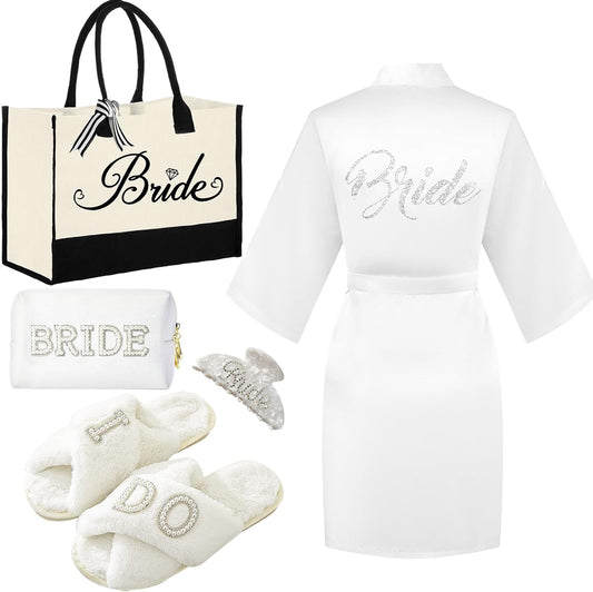 Tkifoda Bride to Be Gifts - Bridal Shower & Wedding Gifts - Bride Tote Bag, Slippers & Robe for Wedding Day