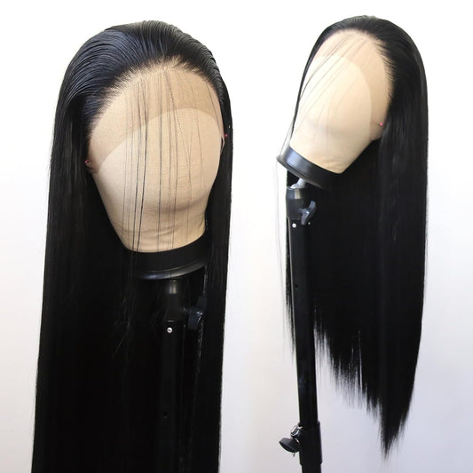 BTWTRY Black Synthetic Lace Front Wig Long Straight Jet Black Lace Front Synthetic Wig Pre Plucked Natural Hairline Glueless Heat Resistant Fiber Hair Wig for Fashion Women (Black)
