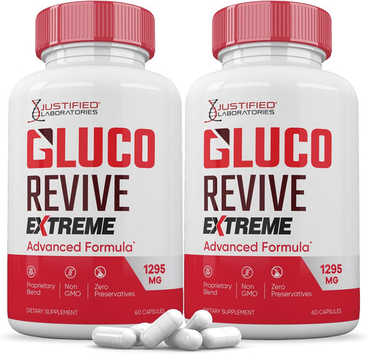 (2 Pack) Gluco Revive Extreme 1295MG Pills Glyco Support Advanced Formula Gluorevive Glycogen Support Formulated with Turmeric Berberine Resveratrol Garlic Bitter Melon Milk Thistle 120 Capsules