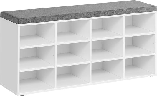 VASAGLE Shoe Bench with Cushion, Storage Bench with Padded Seat, Entryway Bench with 12 Compartments, for Bedroom, 11.9 x 40.9 x 18.9 Inches, Cloud White and Dove Gray ULHS012W14