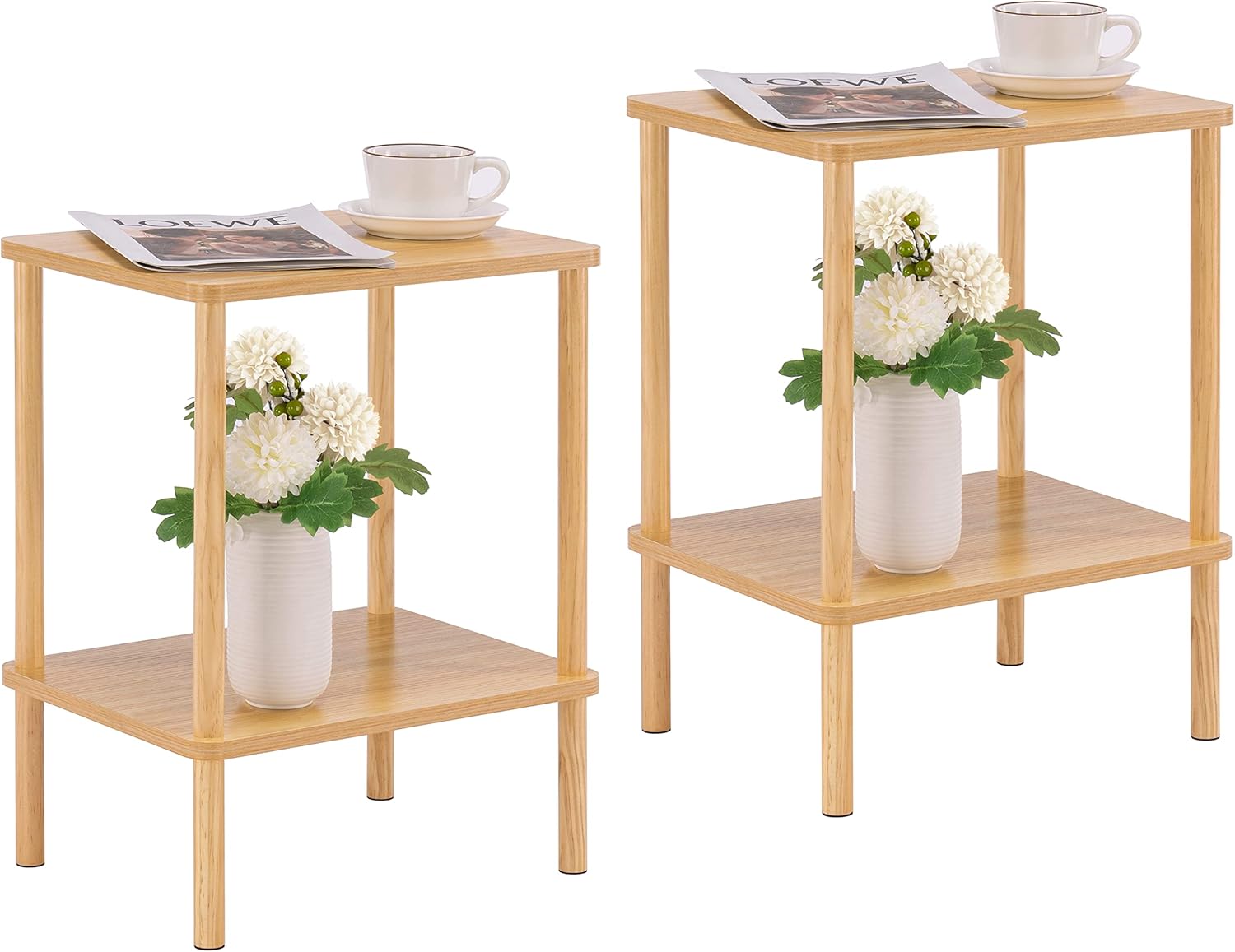 Apicizon 2 Tier End Table Set of 2, Boho Side Table with Storage Shelf, Nightstand Bedside Table for Small Spaces, Bedroom, Living Room, Entryway, Farmhouse, Easy Assembly, Natural