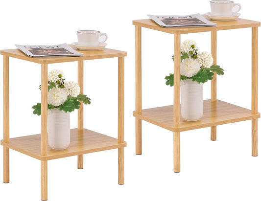 Apicizon 2 Tier End Table Set of 2, Boho Side Table with Storage Shelf, Nightstand Bedside Table for Small Spaces, Bedroom, Living Room, Entryway, Farmhouse, Easy Assembly, Natural