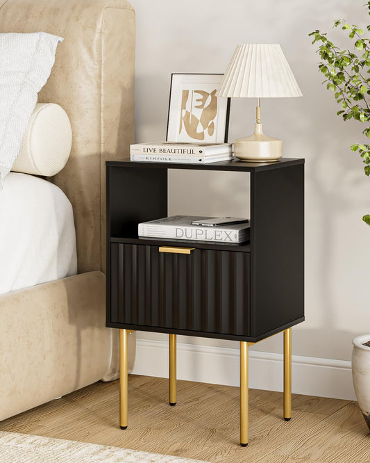 Aienvey Night Stand,Bedside Table with Gold Frame,Black Nightstand,Bedside Furniture, Modern Side Table with Drawer and Shelf for Bedroom,Living Room (Black, Large)