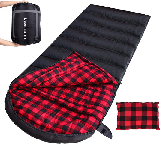 Keencamp 0 Degree Sleeping Bag Cotton Flannel Winter Cold Weather for Adults XXL Sleeping Bag 4 Season Big and Tall with Pillow Compression Sack