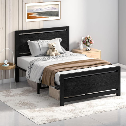 Catrimown Twin Bed Frames with Wood Headboard, Metal Twin Size Bed Frame with Strong Steel Slat Support, Heavy Duty Platform Bed, Under Bed Storage, Mattress Foundation, No Box Spring Needed.Black