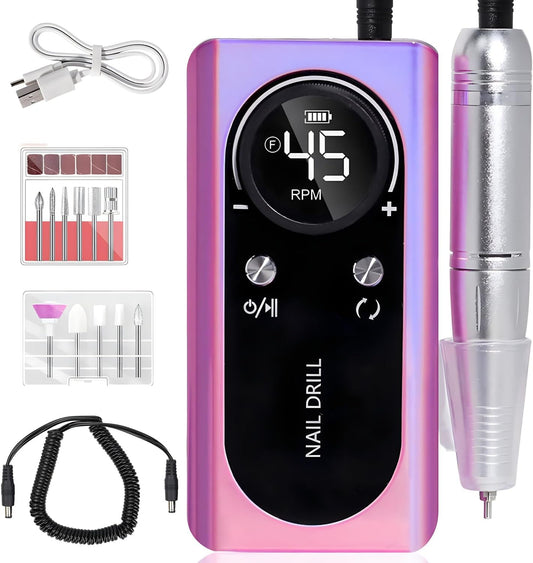 Electric 45000RPM Nail Drill Machine Rechargeable Portable Nail File Electric DIY Nail Drill Kit with Smart LCD Screen for Gel Nail Manicure and Pedicure Reflective Body etc(Dazzle)