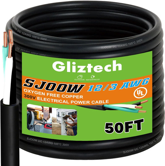 Gliztech 12\/3 AWG Portable Power Cable 50 ft, SJOOW 300V 12 Gauge Electric Wire, 3 Conductor Extension Cord, Outdoor Extension Cord for Motors, Generators, Battery Chargers, Mechanic Lights