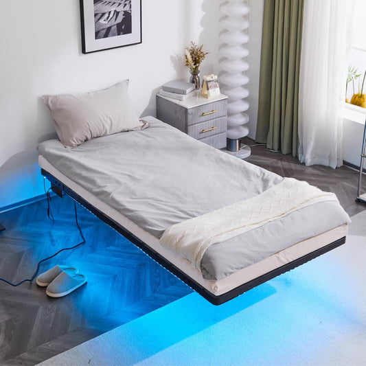 VINGLI Twin Floating Bed Frame with USB Charging Station\/LED Lights, 14'' Platform Bed Frame Twin Size Heavy Duty Metal Bed, No Box Spring Needed,Black