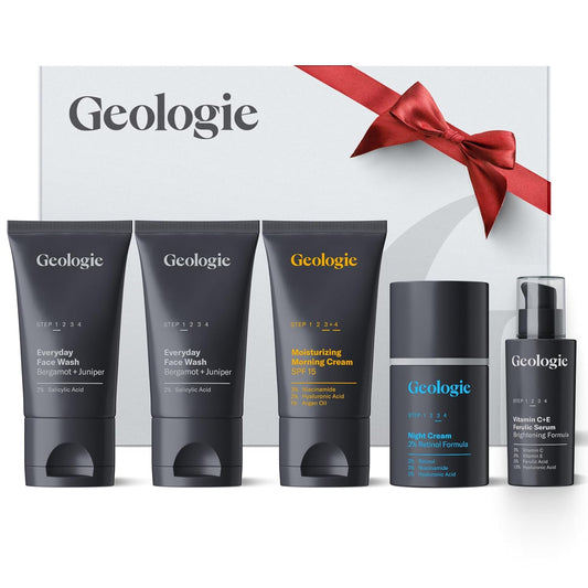 Geologie 5-Piece Skincare Gift Set Kit | Includes 2 Face Washes, SPF15 Moisturizer, Retinol Cream, Vitamin C Serum