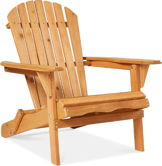 Best Choice Products Folding Adirondack Chair Outdoor Wooden Accent Furniture Fire Pit Lounge Chairs for Yard, Garden, Patio w\/ 350lb Weight Capacity - Natural