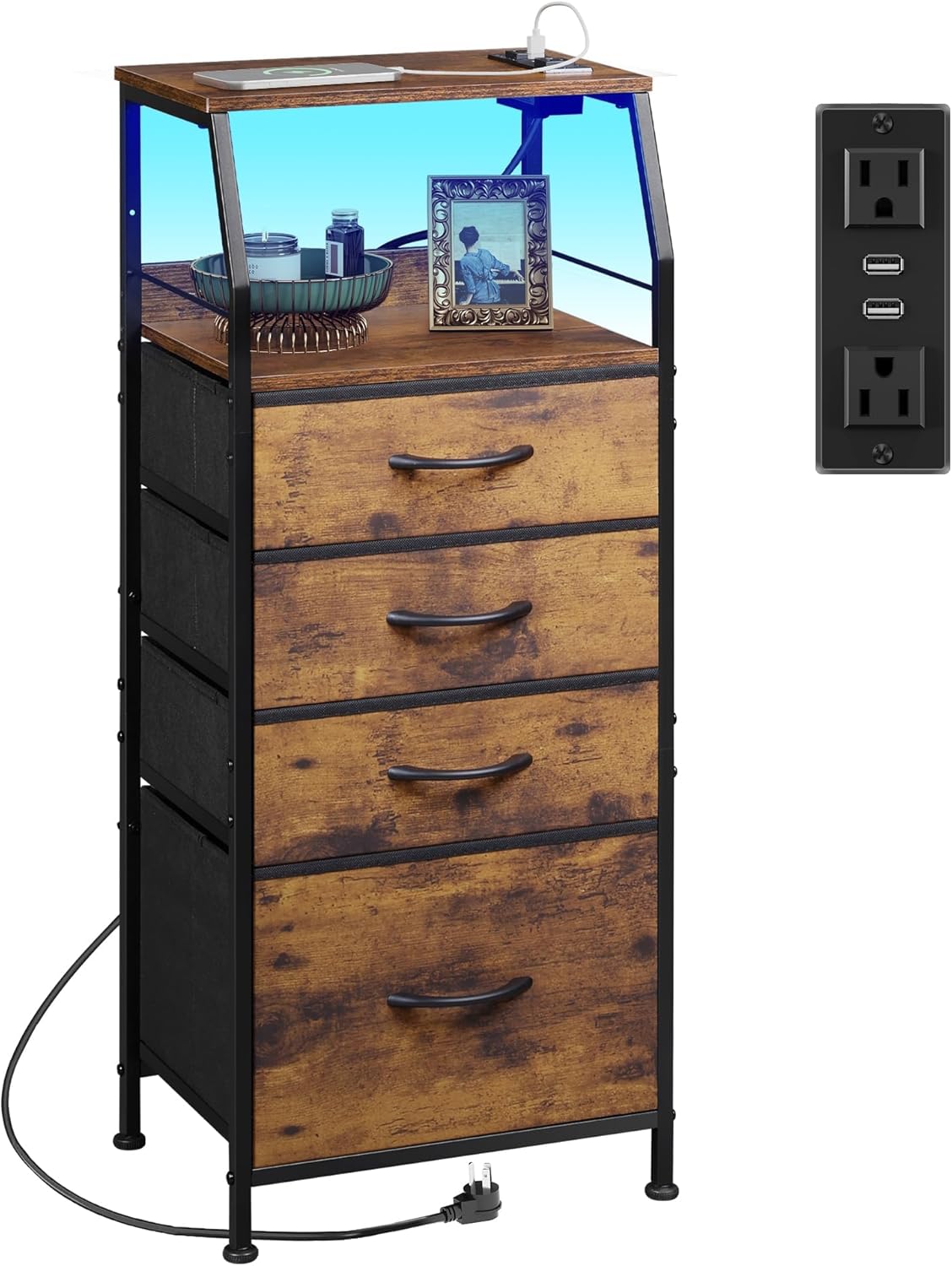 WLIVE 4 Drawer Dresser for Bedroom, 37" H Nightstand with Charging Station and Led Light, Tall Night Stand Bed Side Table, End Table with USB Ports and Outlets, Fabric Bins, Wood Shelf, Rustic Brown