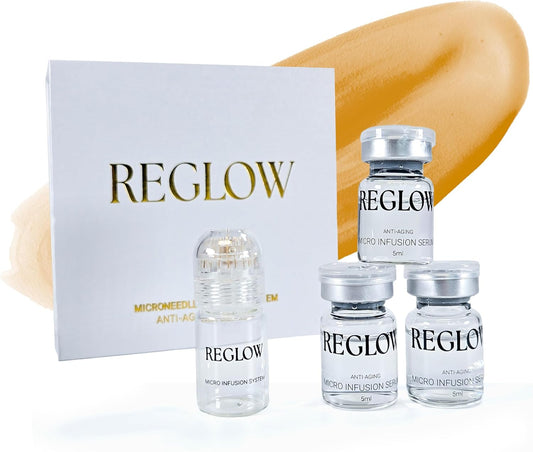 ReGlow Micro-Infusion System \u2013 24k Gold-Plated Microneedling Tool with Anti-Aging Serum for Hydration & Radiant Skin \u2013 at-Home Facial Kit for Wrinkle-Free, Youthful Results (1.5 Months Supply)