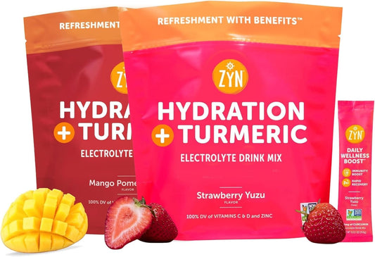 ZYN Electrolyte Drink Mix Hydration Packets, Electrolytes Powder, Hydration Packets w/Turmeric Curcumin, Vitamin C, Vitamin D, Zinc, Hydrate Electrolyte Powder Packets Bulk, Bundle of 2X 32